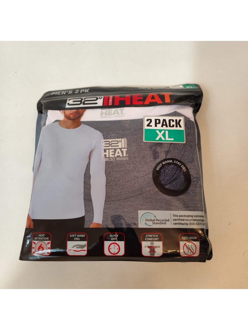 Men Long Sleeve 32 Degrees Heat Crew Neck 2 Pack Size XL White/Heather Navy